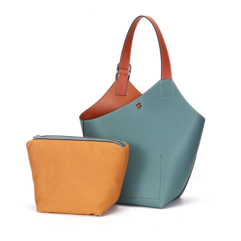 

Genuine Leather Contrast Color Large Capacity Shoulder Bucket Bag Large Capacity Women's Cowhide Tote Handbag Two-piece Set