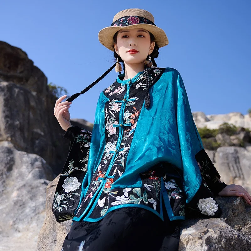 

New Women's Ethnic Embroidered Patchwork Loose Large Size Shirt Jacket Stand Collar Nine Sleeve Long Body Regular Thickness