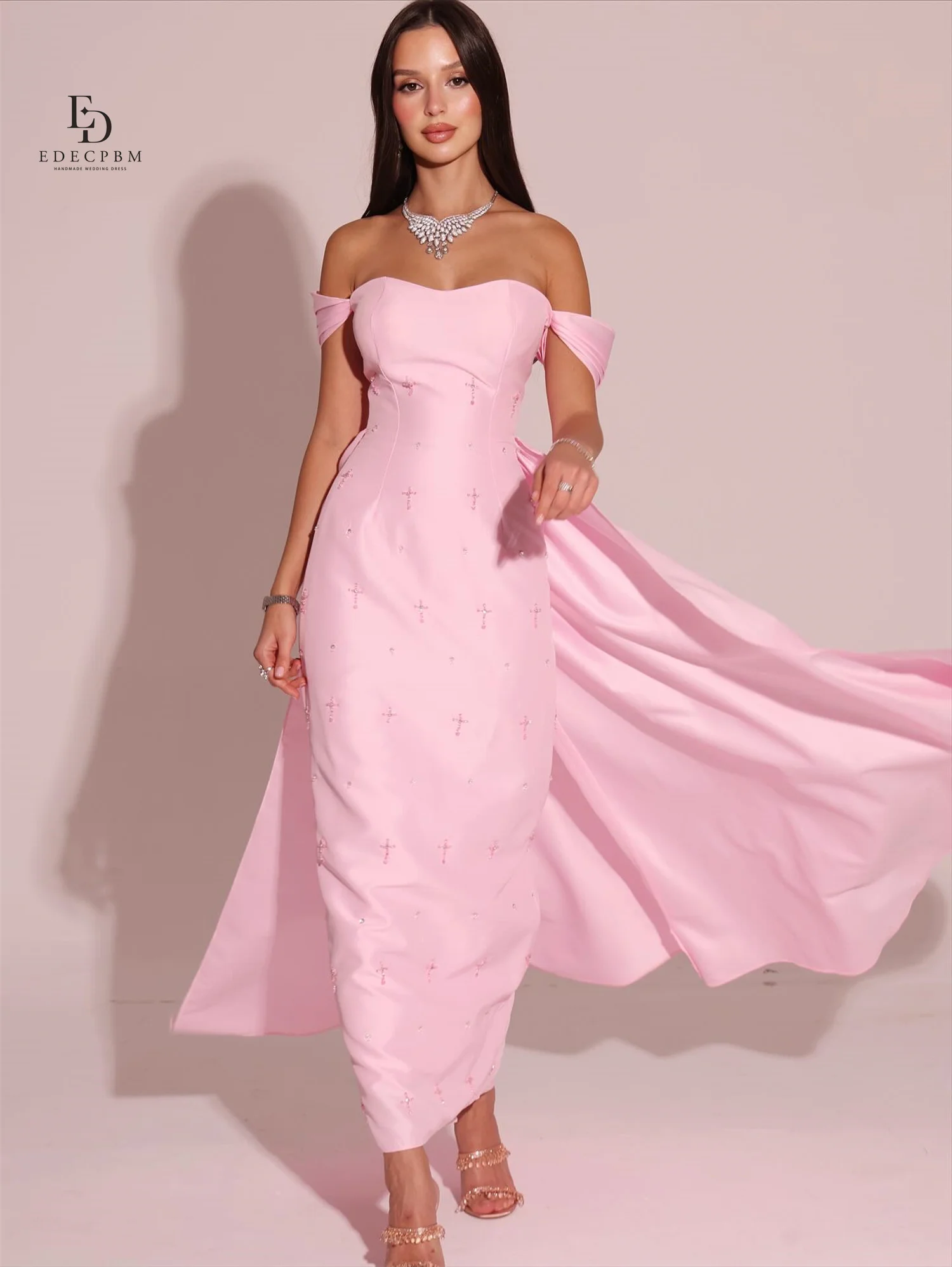 فساتين نسائية أنيقة من الساتان EDECPBM لحفلات الزفاف فستان سهرة نسائي مخصص وردي مصنوع يدويًا من فساتين سهرة للحفلات الراقصة النسائية