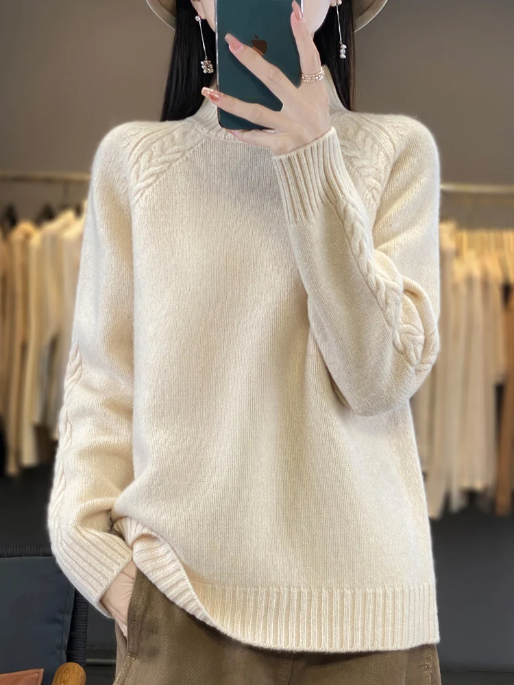 

High Quality Autumn Winter Women Sweater 100% Merino Wool Mock Collar Knitted Pullover Twisted Long Sleeve Cashmere Clothes Tops