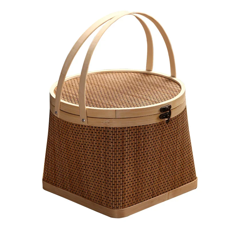 

Handmade Bamboo Woven Cabas Moon Cake Basket Upper round Bottom Zongzi Basket Fruit Basket New Year Goods Tea Bamboo