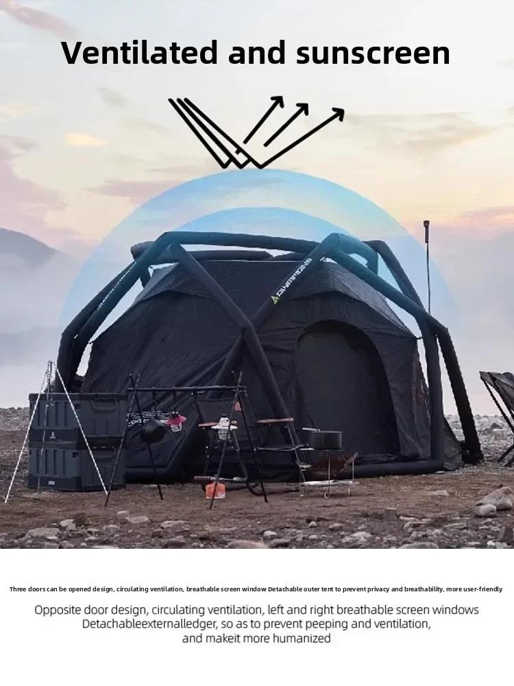 Inflatable camping tent for outdoor use, with great protection against thick night rain