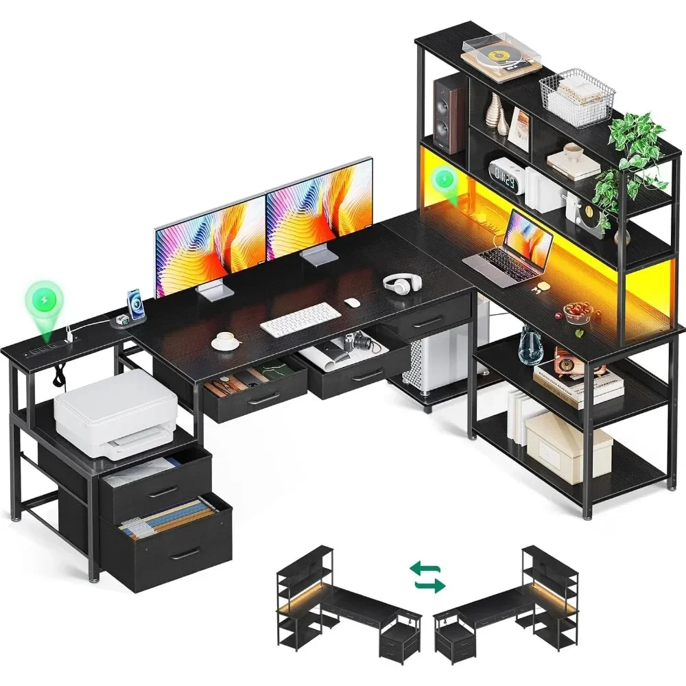 

79 inch L Shaped Desk with File Drawers, Reversible L Shaped Gaming Desk with Power Outlets & LED Lights