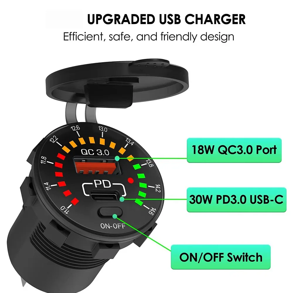 36W PD QC 3.0 Car Charger With LED Voltmeter ON OFF Switch 12/24V Waterproof USB PD Outlet Fast Charge For Car Motorcycle image 3