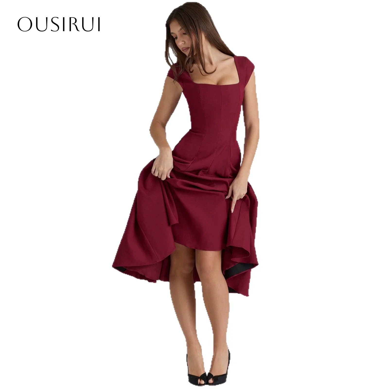 Robe de Cocktail trapèze en Satin, manches cape, longueur thé, Corset plissé au dos, robe de bal personnalisée