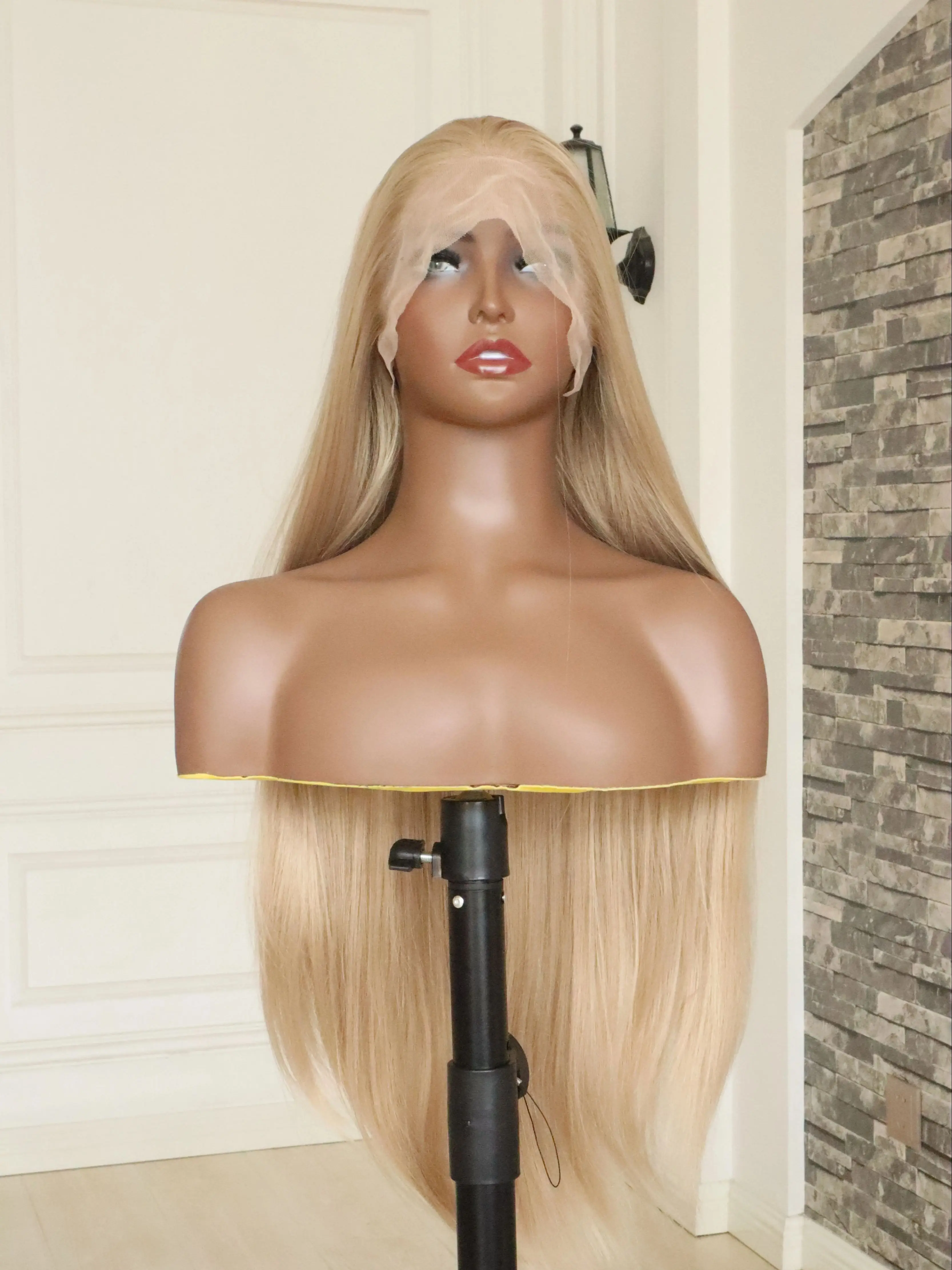 Honey Blonde 13X4 Synthetic Lace Front Wig 26 Inch Long Sliky Straight Lace Wig for Black Women Half Hand Tied Glueless Natural