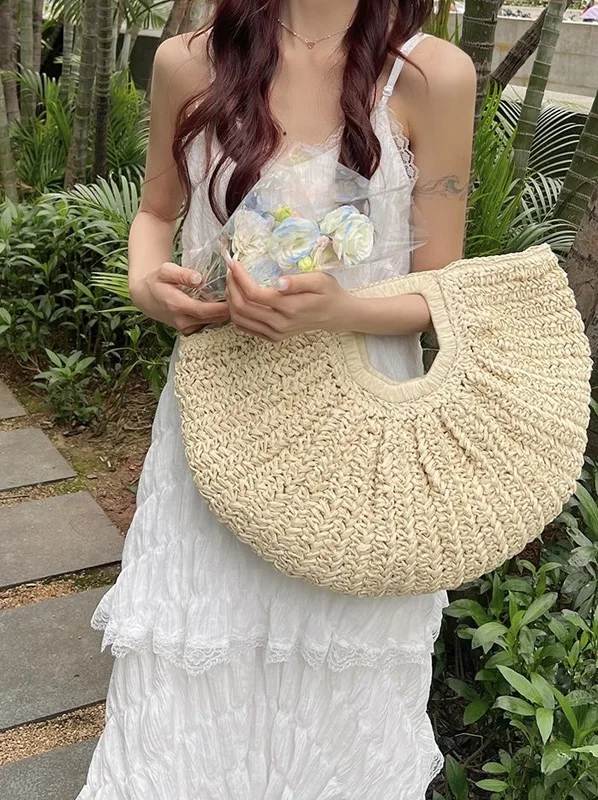 CLAREGQI Women Half Moon Shape Straw Woven Tote Bag Hollow Square Handle Summer Beach HandbagLarge Capacity Boho Half‑Moon