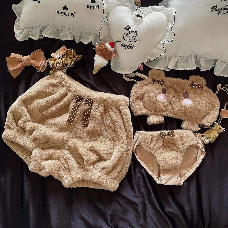 일본 카와이 로리타 잠옷 나드 팬티 세트, 귀여운 만화 브래지어 활 속옷, 호박 팬티, 푸시 업 브래지어, 친밀한 란제리