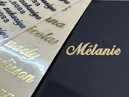 Imagen 1 del producto Pegatina de transferencia de metal autoadhesiva con nombre de texto personalizado 3D, con cualquier texto en oro y plata, fácil de rasgar 50PCS 50x10mm