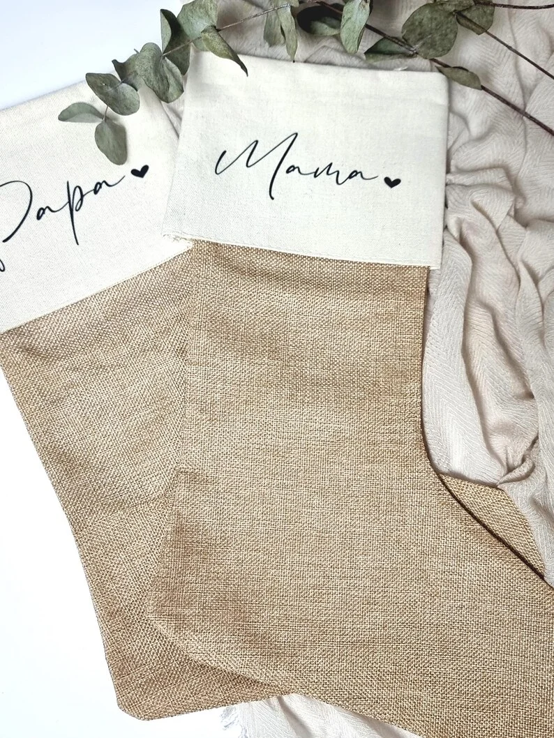 

Personalized Name Santa Stocking Socks Christmas Santa Claus Custom Jute Fabric Candy Gift Bag Home Decor Gift for Boys Girls