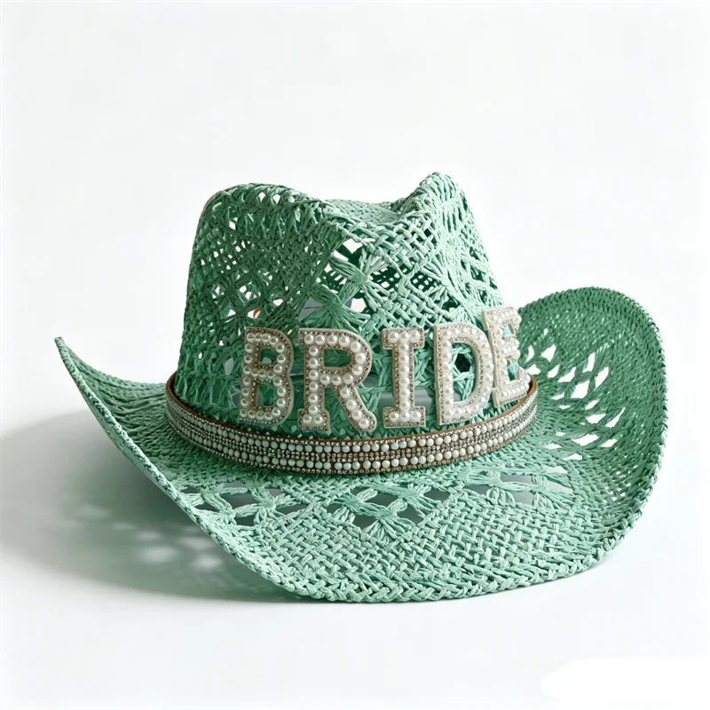 2026 BRIDE Summer Hat Women's Wedding hat Straw Hat Shell Women Western Cowboy Hats Wooden Beads Sun Hat  Out
