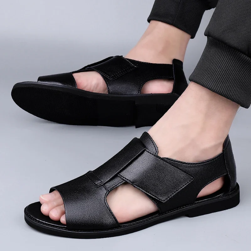 Summer Men Genuine Leather Sandals New Design Fashion Casual Black Slip on Sandals Leather Sandals Man Men\'s Flats