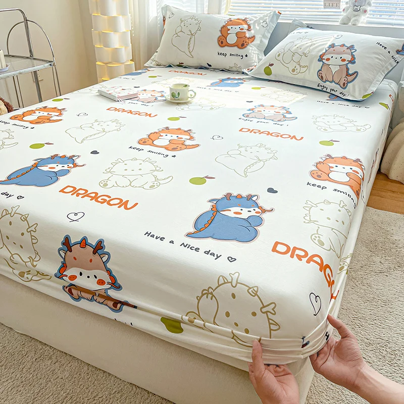 100% Cotton Cartoon Animals Fitted Sheet with Pillowcase Elastic Bands Non Slip Adjustable Mattress Cover for 120/150/180 bed