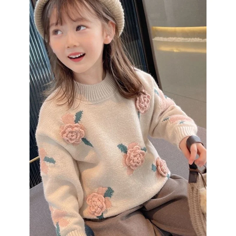 

Girls' Autumn and Winter New Sweater round Neck Fashionable Korean Style Sweater Design Flower Children's Bottoming Shirt Fashio