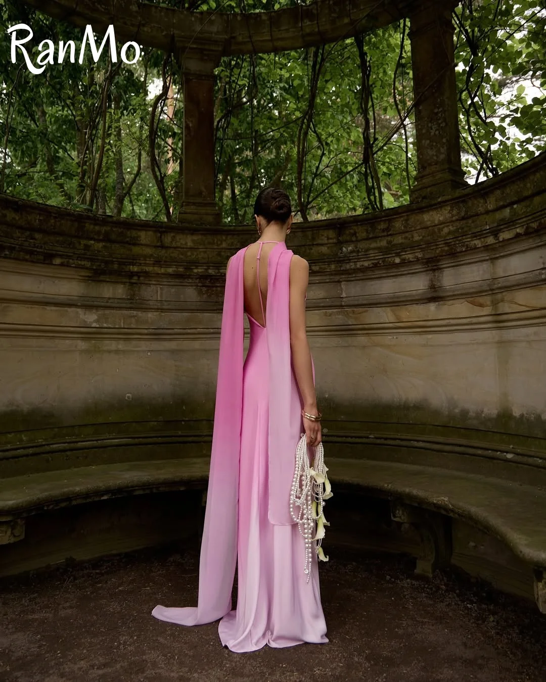 Ranmo 2025 ピンクミディイブニングドレススカーフサテンエレガントなセクシーな背中の開いたスパゲッティストラップミッドウエスト A ラインイブニングドレス Customied