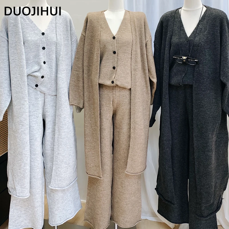 DUOJIHUI Three Piece Autumn Loose Casual Female Cardigan Chic Wool Basic Pant Simple Fashion Single Breasted Women Vest Cardigan