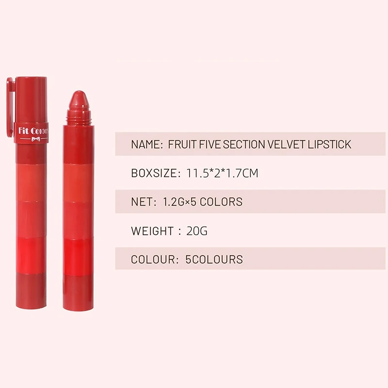 5 In 1 ผลไม้ Velvet Matte Long Lasting Highly Pigmented Moisturizing Lip Balm Smooth Application สําหรับริมฝีปากนุ่มชุดลิปสติก