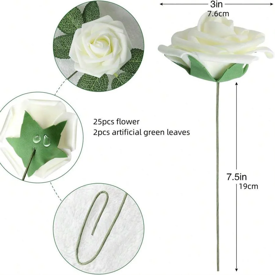 25pcs Artificial Rose Flowers Foam Artificial Flowers with Stem Fake Rose for DIY Wedding Bouquet  Home Decoration