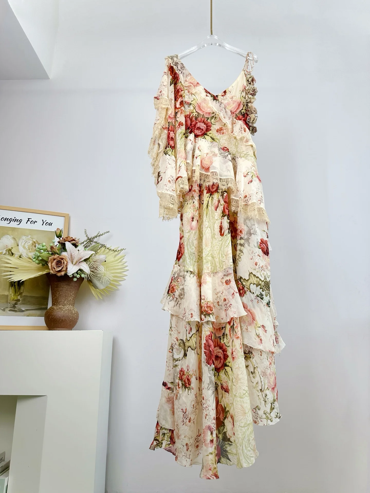 2025 novas mulheres flor impressão maxi vestido renda costura em camadas com decote em v de um ombro elegante senhoras 100% seda robe