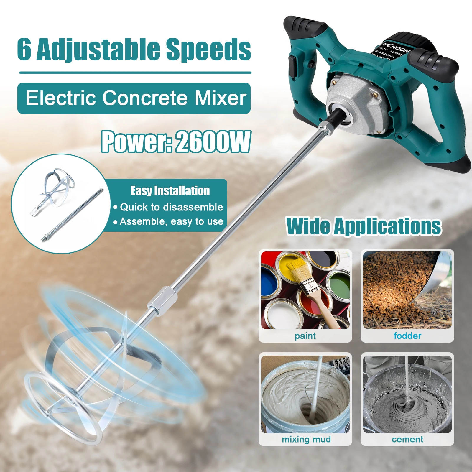 KKnoon 2600 واط خلاط الخرسانة الكهربائية المحمولة المحمولة خلاط الاسمنت الخرساني 6 سرعات آلة خلط قابل للتعديل