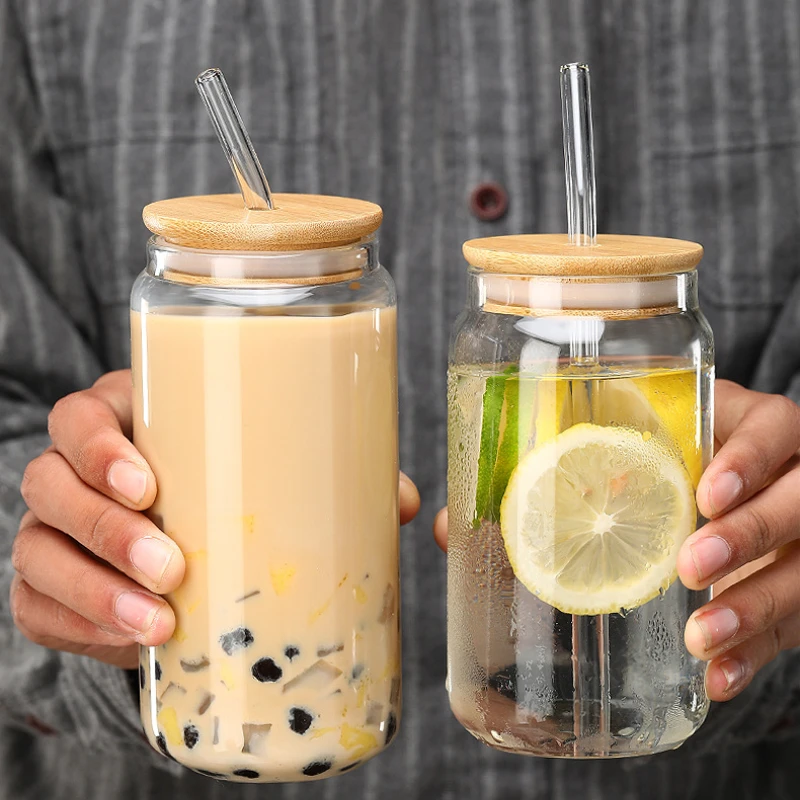550ml Glass Cup with Wooden Lid and Straw Travel Transparent Bubble Tea Cup Milk Beer Can Cocktail Mug Beverage Glassware view 5