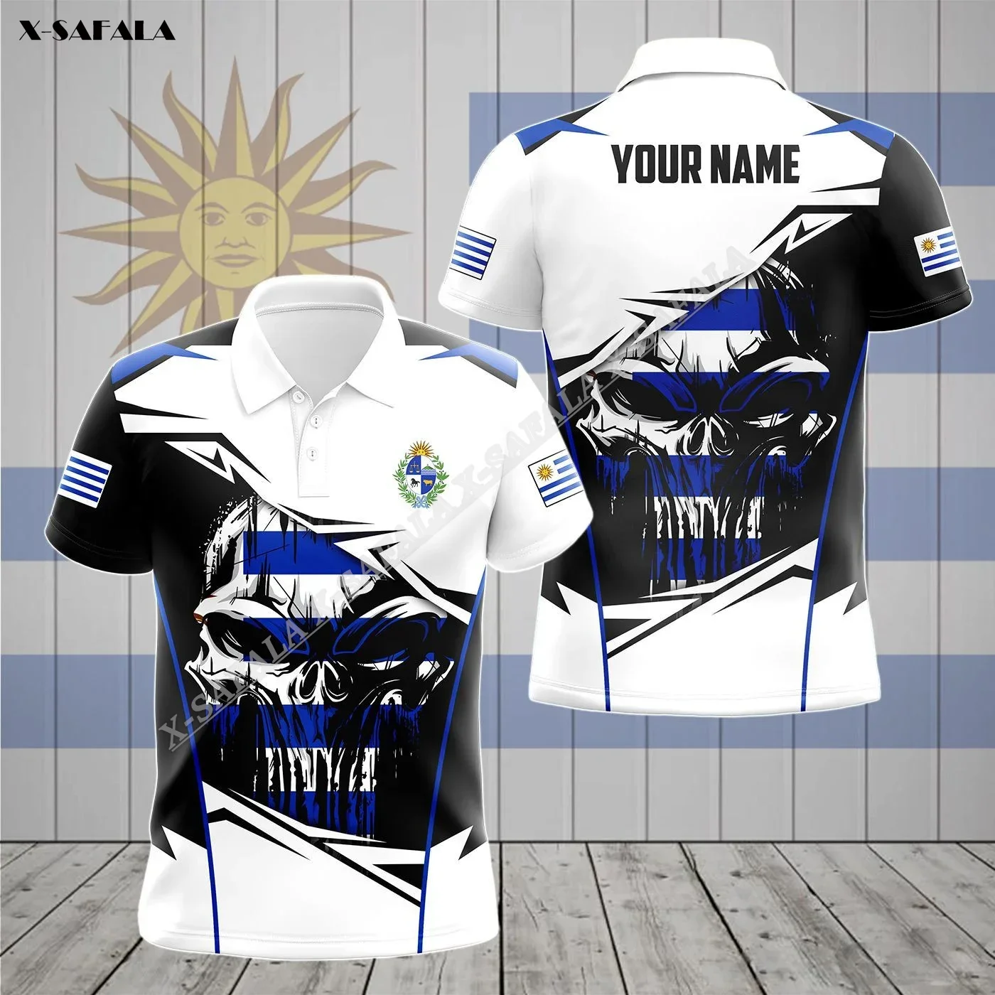 Uruguay Flag Skull Special Version 3D Print High Quality Business Men Adult Polo Shirt Collar Short Sleeve Top Tee Breathable