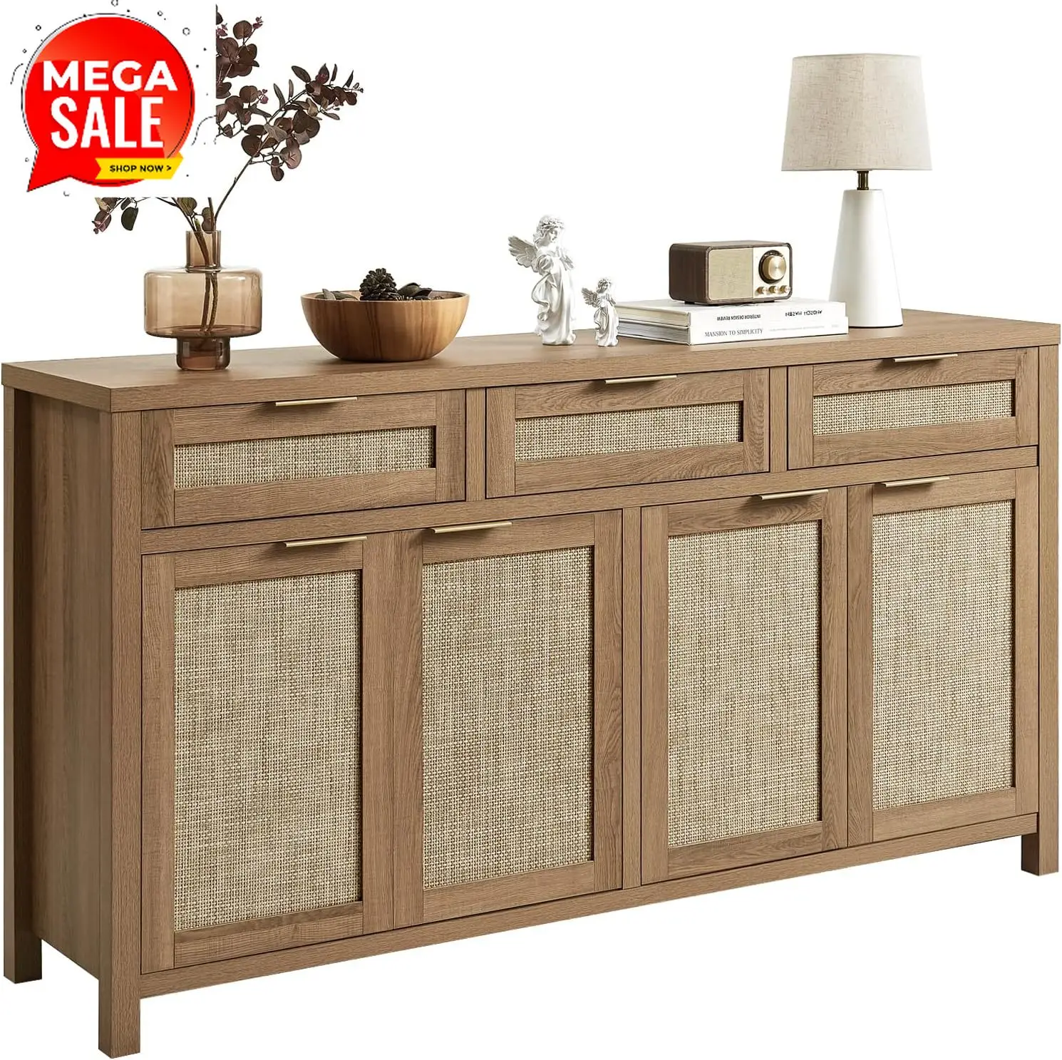 

Factory Price Rattan Sideboard Buffet Cabinet, Boho Storage Cabinet with Adjustable Shelves, Farmhouse Credenza Coffee Bar Cabin