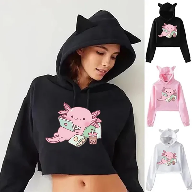 

Cute Axolotl Boba Tea Graphic Printed Hoodie Women Fashion Kawaii Cropped Cat Ear Pullover Casual Long Sleeve Y2k Sweatshirt