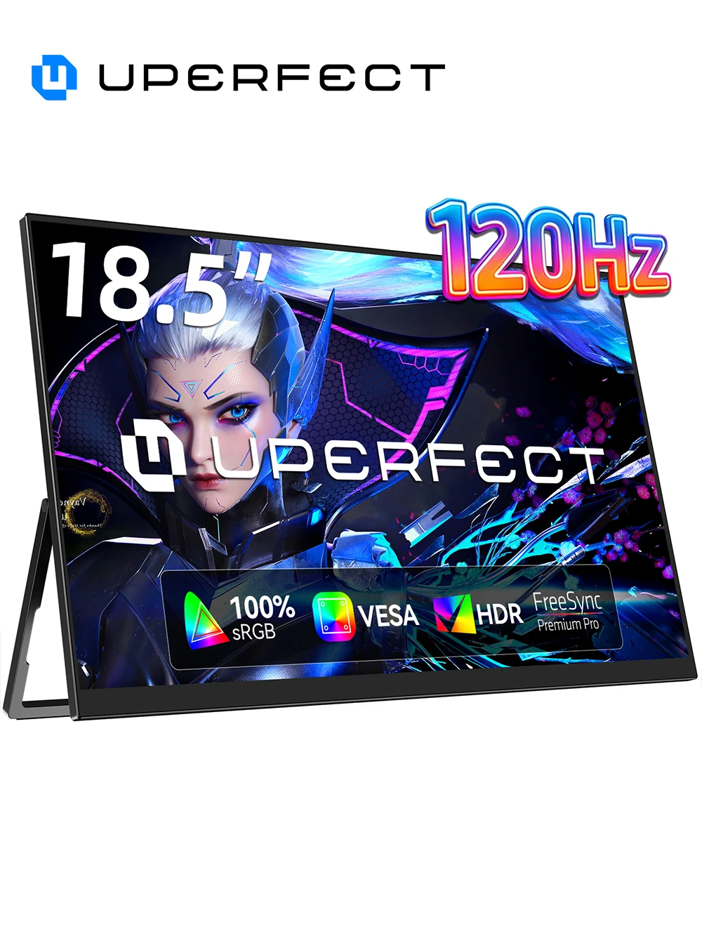 UPERFECT Portable Monitor 18.5' 1080P 100% SRGB 120Hz IPS HDR FreeSync HDMI USB-C Travel Screen for Laptop MacBook PC Surface PS5 Xbox Large External Display with Kickstand & Speakers VESA Compatible