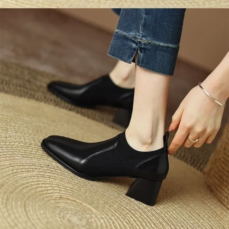 2024 New Thick Heel High Heels Women's Spring and Autumn Naked Boots Brown Knitted British Style Small Leather Shoes