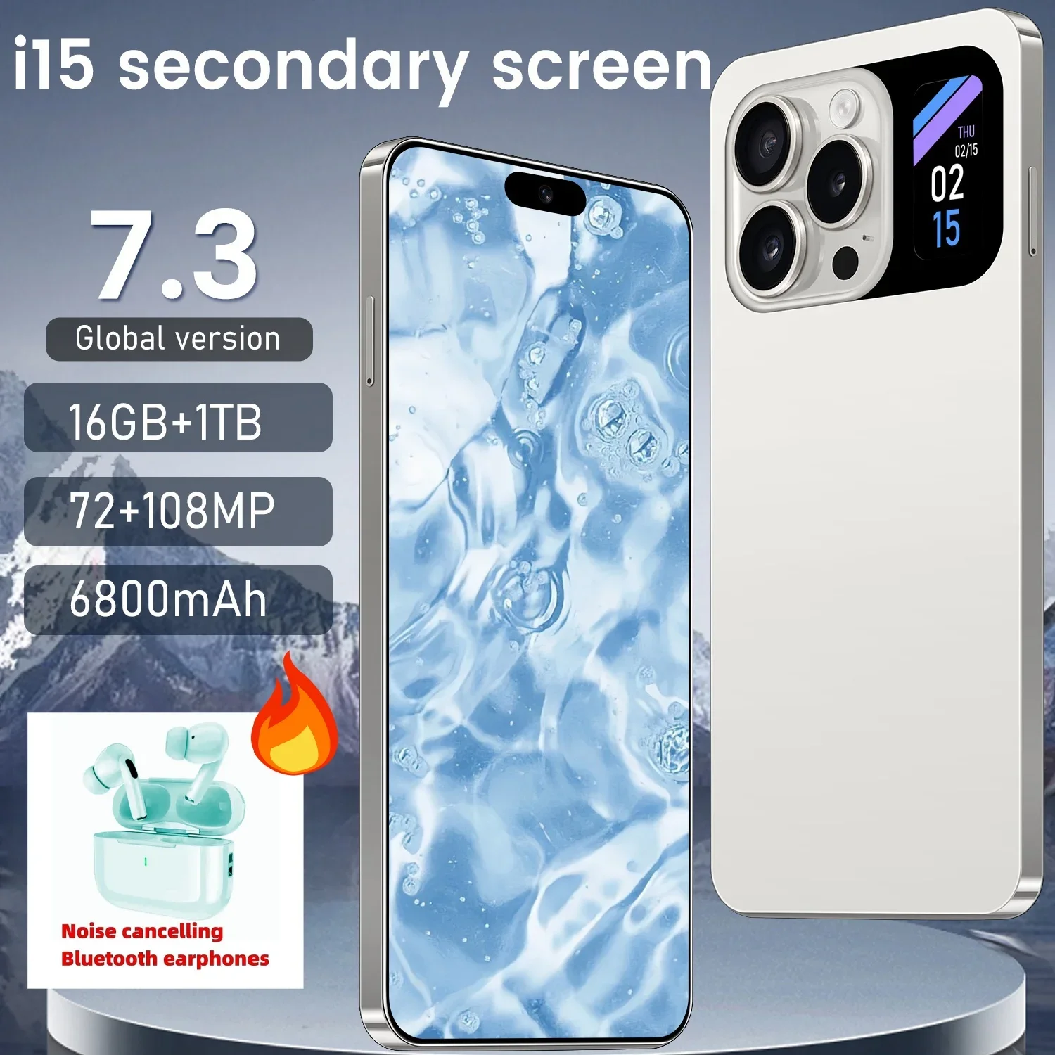 

New I15 Pro High-end Smartphone 7.3 HD Second Screen Cellphone 5G Android13 Mobile Phone 16G+1T Dual Sim Celulares 108MP 6800Mah