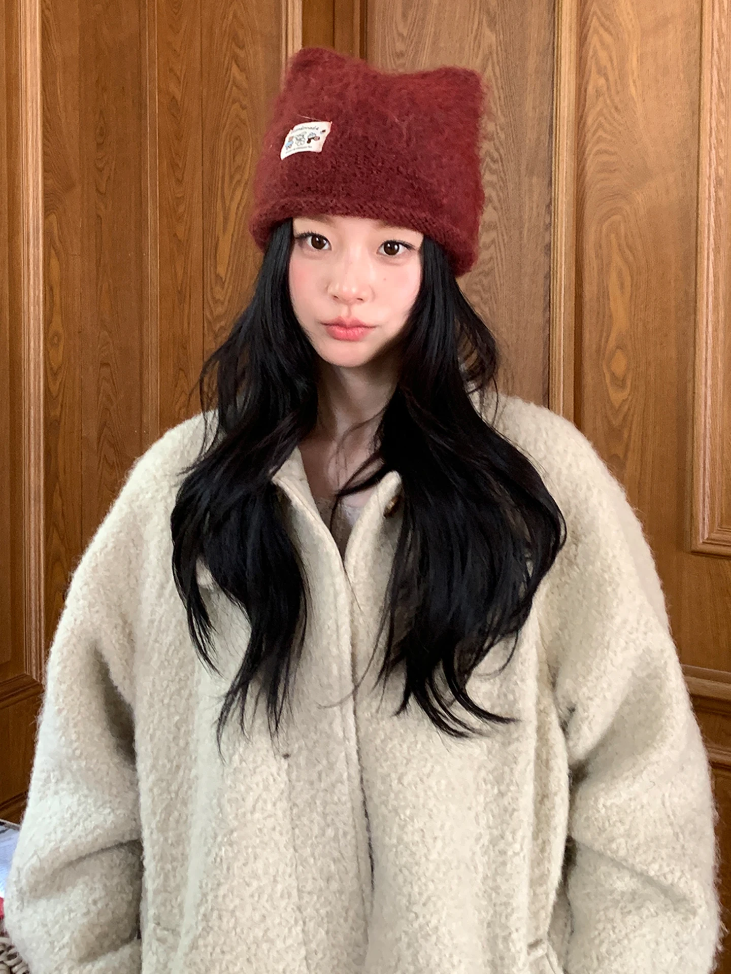 Warm Knitted Woolen Hat Women's Autumn Winter Ear Protection Cute Cartoon  Ear Label Foldable round Top Unisex Cap