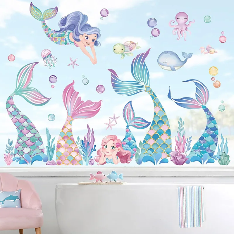 

Summer Mermaid Bathroom Wall Decoration Waterproof Wall Sticker Watercolor Ocean Animal Girl Bedroom Wall Sticker Bubble Self-Ad
