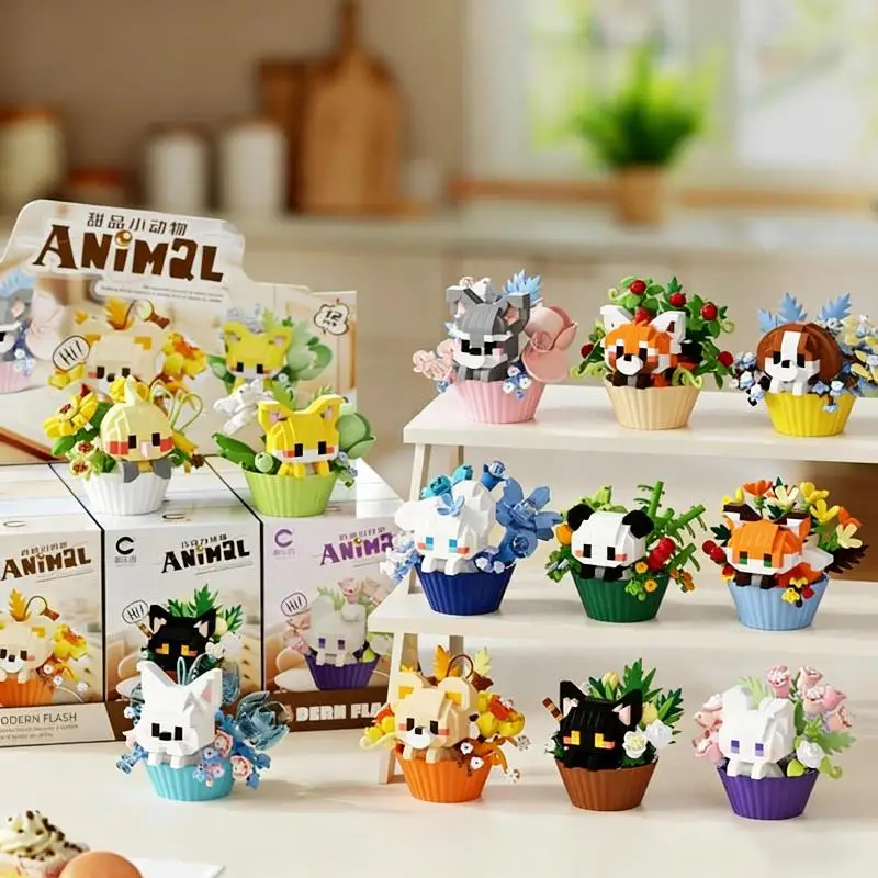 

Cute Small Animals Potted Bouquet Building Block Toys Cartoon Doll Panda Puppy Building Block Ornament Toys New Year Gift-TOY