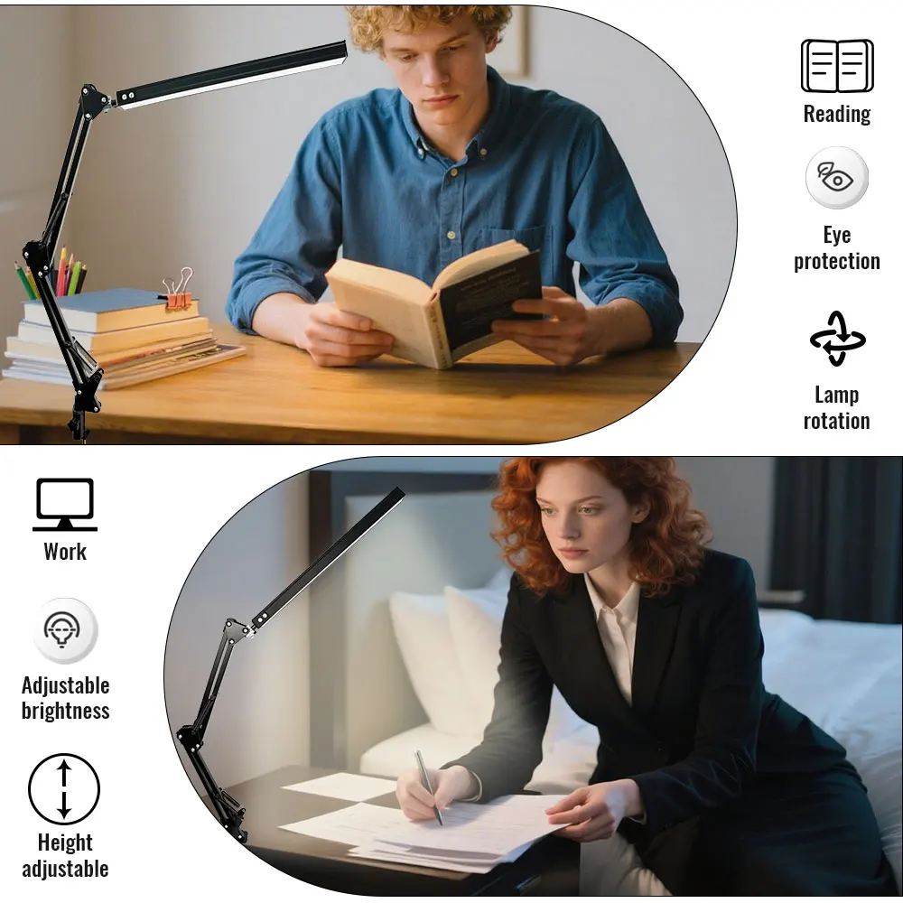 LED Desk Lamp With Clamp 5/10W Adjustable Swing Arm 3 Lighting Modes 10 Brightness Levels Eye-Caring For Office/Study/Reading