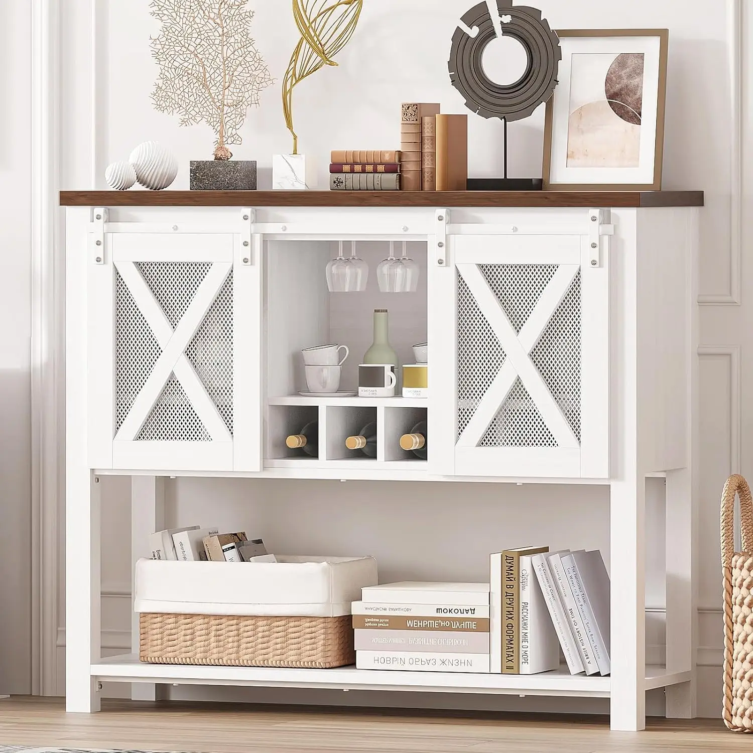 Coffee Bar Cabinet with Sliding Barn Doors & Wine Racks, Farmhouse Console Sideboard for Kitchen Hallway Living Room, Customized
