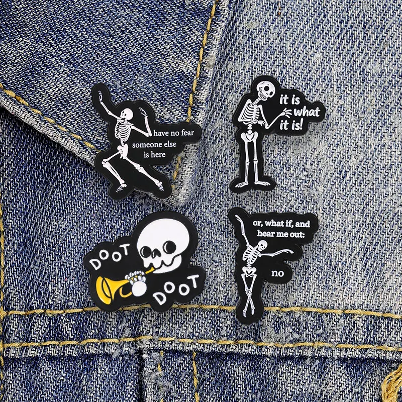 Funny Skeleton Meme Enamel Badge Set Doot Doot Quote Pin Black White Cartoon Metal Brooch Lapel Accessory Gift