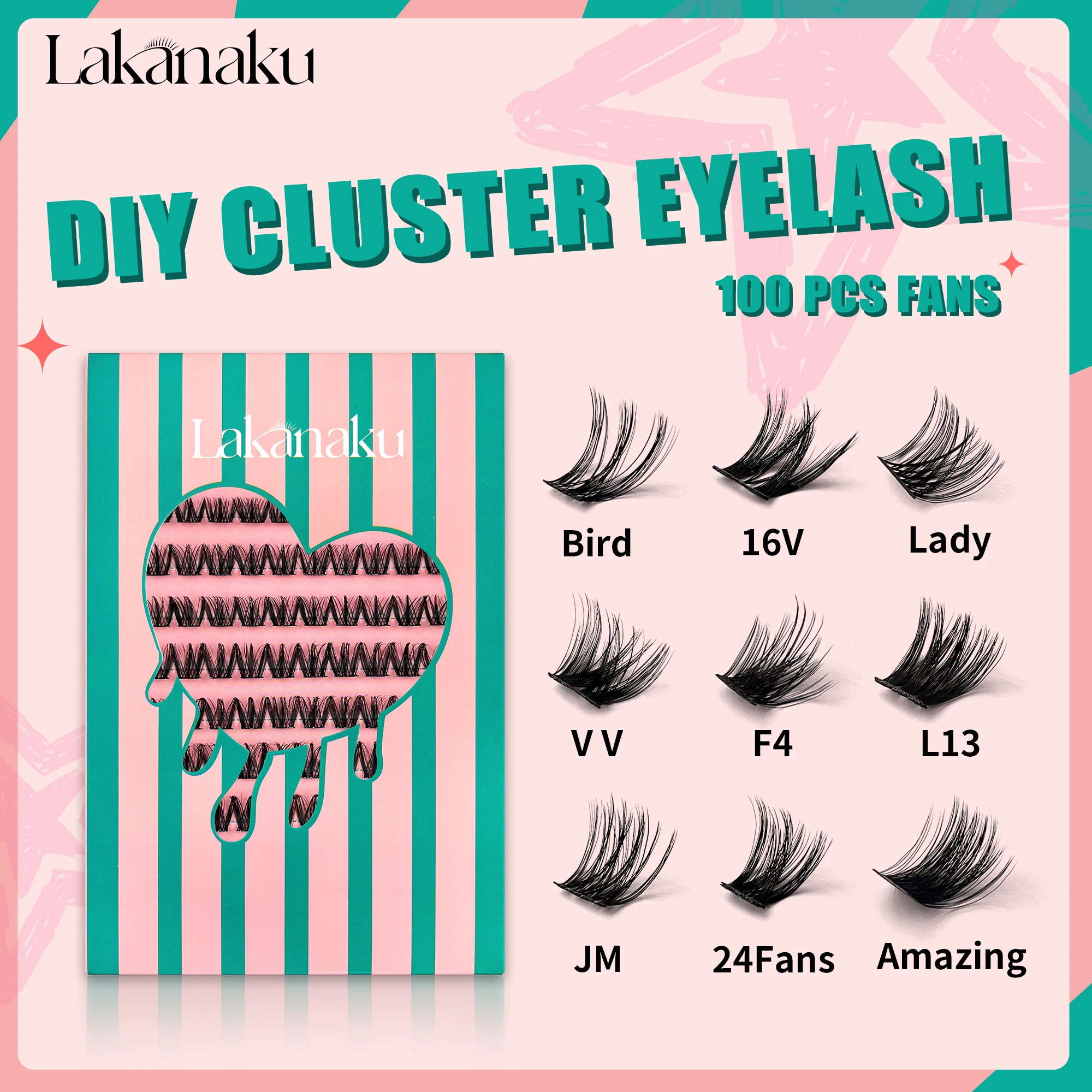 LAKANAKU Diy Cluster Lashes D Curl Heat Bonded Segment Pre-Cut Volume Eyelashes Extension Cat Eye Cluster Lashes