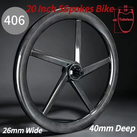 40mm Deep 20 Inch 406 Carbon Wheel 5 Spokes Wheelset Birdy Folding Bike Bmx Fixed Gear bicycle V Disc Brake Clincher Rim 26 Wide