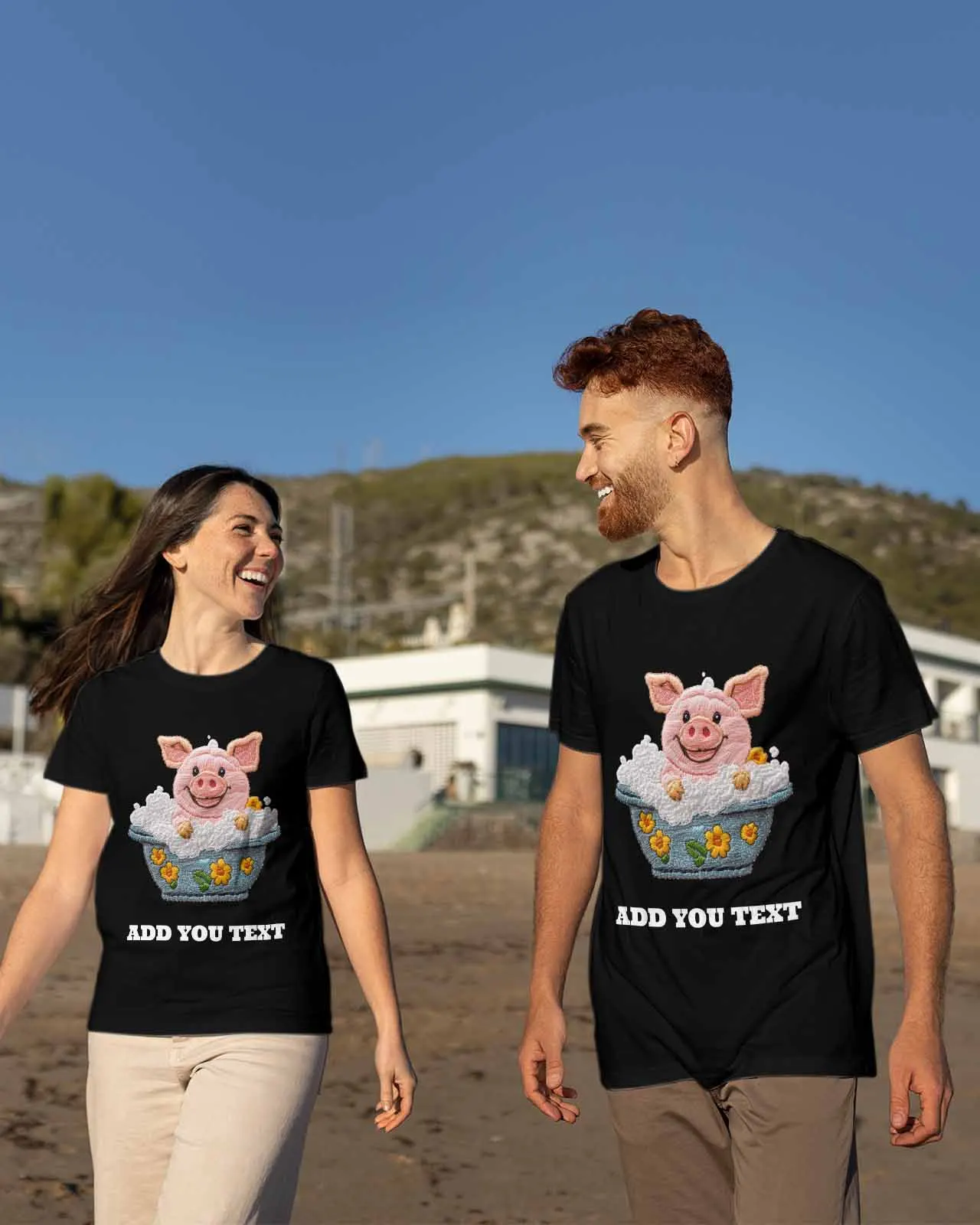 Line Style Bathtub Bath Pig Couple T Shirt Lovers Short Sleeve O Neck Loose Tshirt Fashion Woman Man Tee Shirt