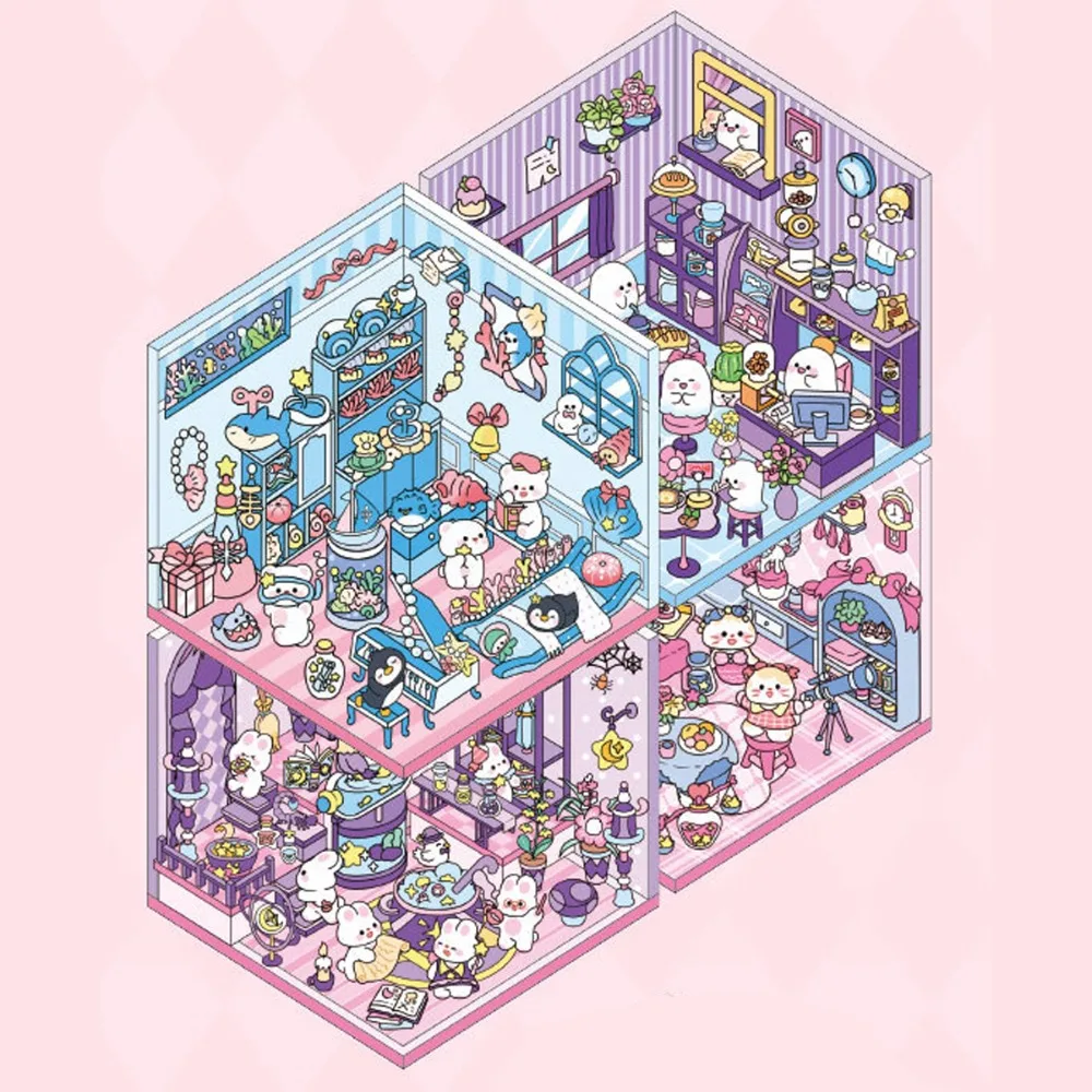 10Sences in 1Book 2.5D Landscape Sticker Cartoon Cabin Scene DIY Sticker Stacking Pasting Festival Birthday Gift