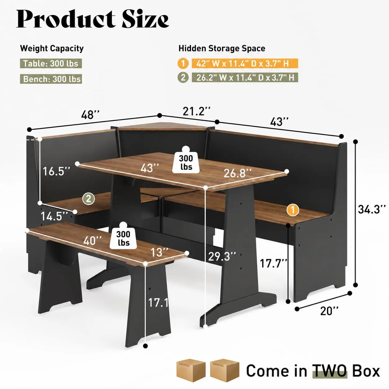 3-Piece Corner Dining Set, Black Oak L-Shaped Breakfast Nook with Hidden Lift-Up Storage, Space-Saving Kitchen Dining Furniture