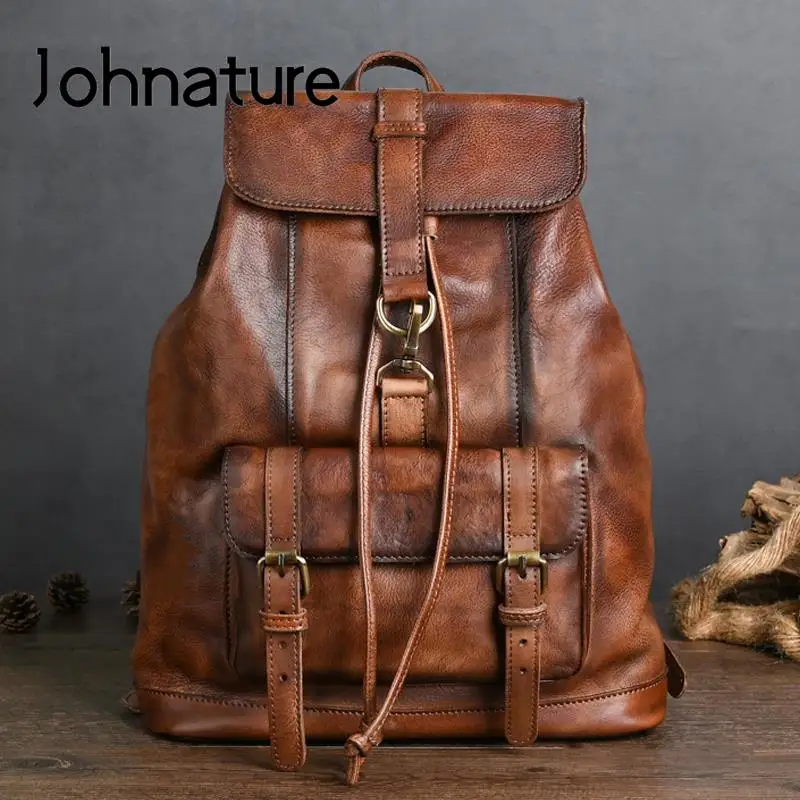 Johnature Genuine Leather Men Backpack 2024 New Vintage Large Capacity Travel Bags Natural Real Cowhide Man Laptop Backpack