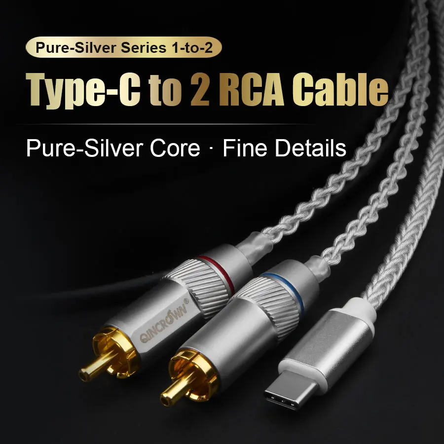 QINCROWN 8 Strand Pure Silver Braided Type-C to 2 RCA Y Splitter Audio Cable, HiFi Audiophile for Phone DAC Amp Home Audio