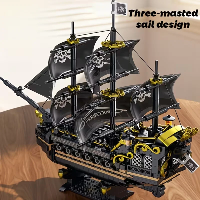 

Legendary Black Sail Pirate Ship Model Building Blocks, Museum-Grade 3-Masted Sailboat with Display Base