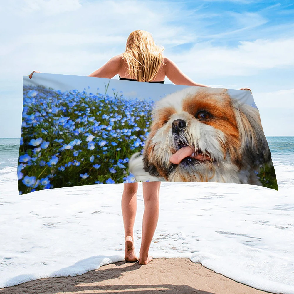 Kawaii Shih Tzu Dog Pattern Beach Towel Adult Kids Sports Towel Swimming Yoga Quick Dry Bath Towel Women Children Camping Travel
