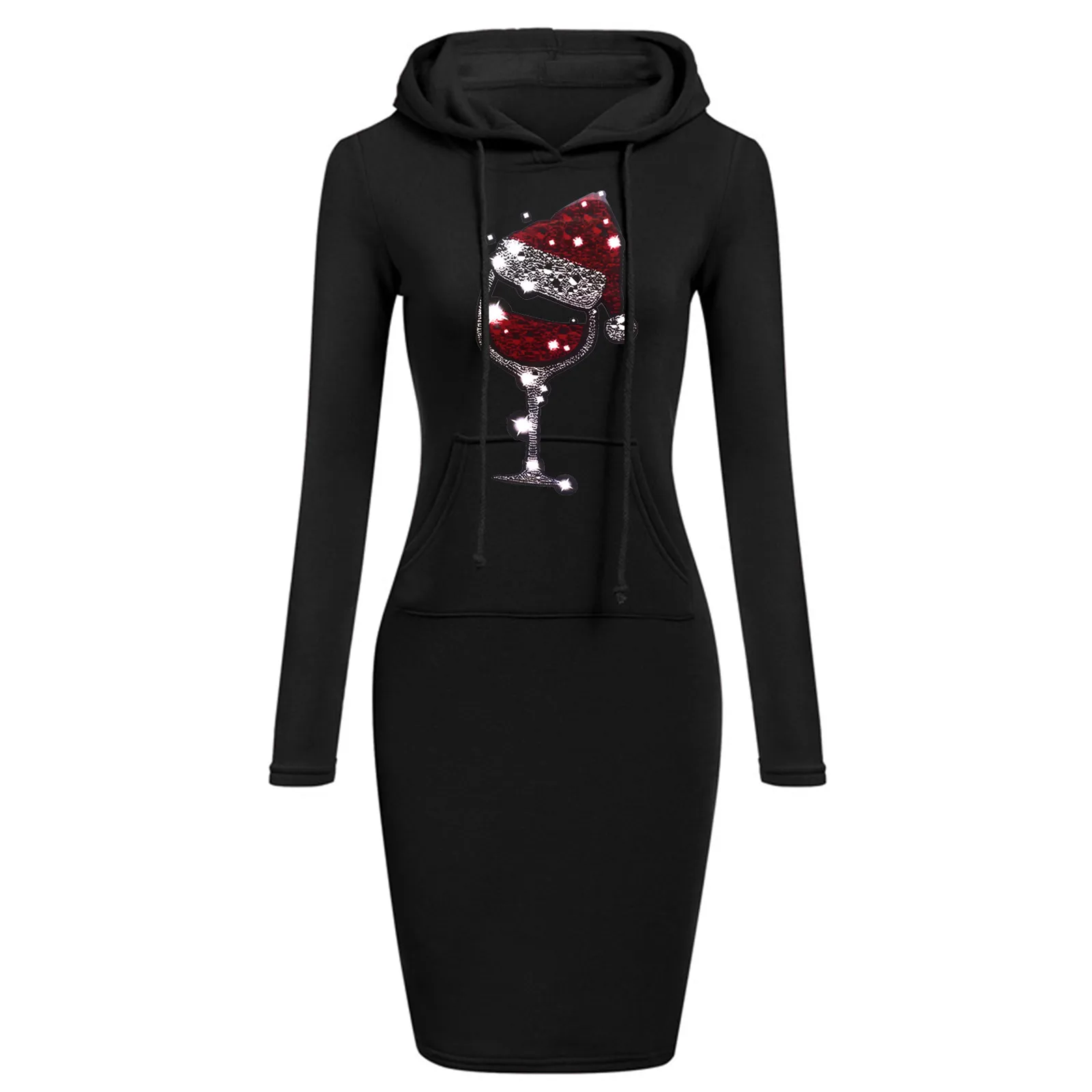 

Women's Casual Christmas Hooded Sweatershirts Long Sleeve Drawstring Lightweight Red Wine Midi Pullover Dress with Pocket