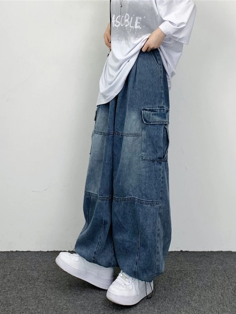 Vintage Y2K Streetwear Baggy Cargo Jeans High Waisted Straight Wide Leg Pants Fashion Loose Denim Trousers New Washed Jeans