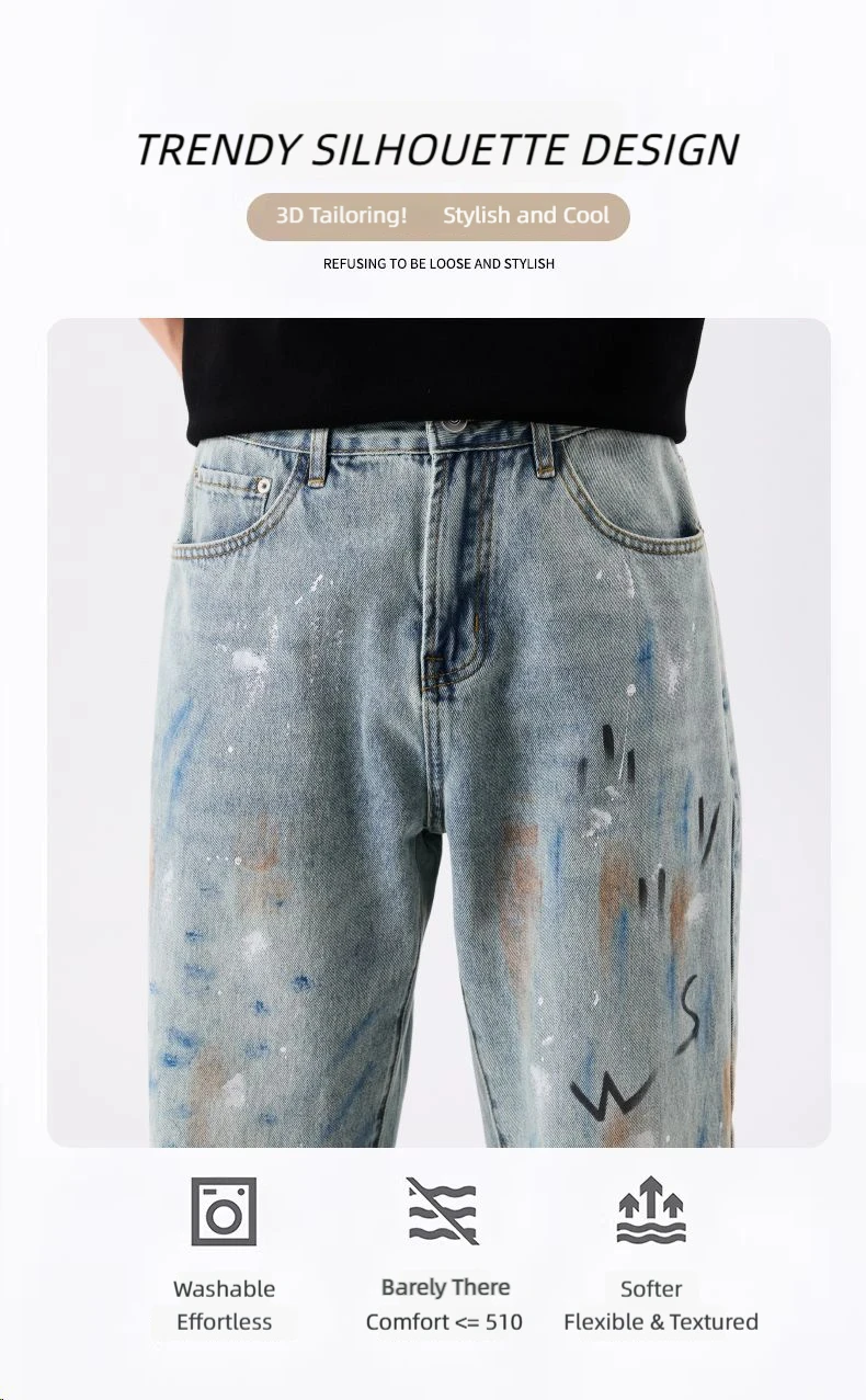 2026 New Men's Jeans, Ink-Splash Personalized Design, Fashionable Trendy Men, Non-Stretch Loose Straight Pants, Youth Men's Jean
