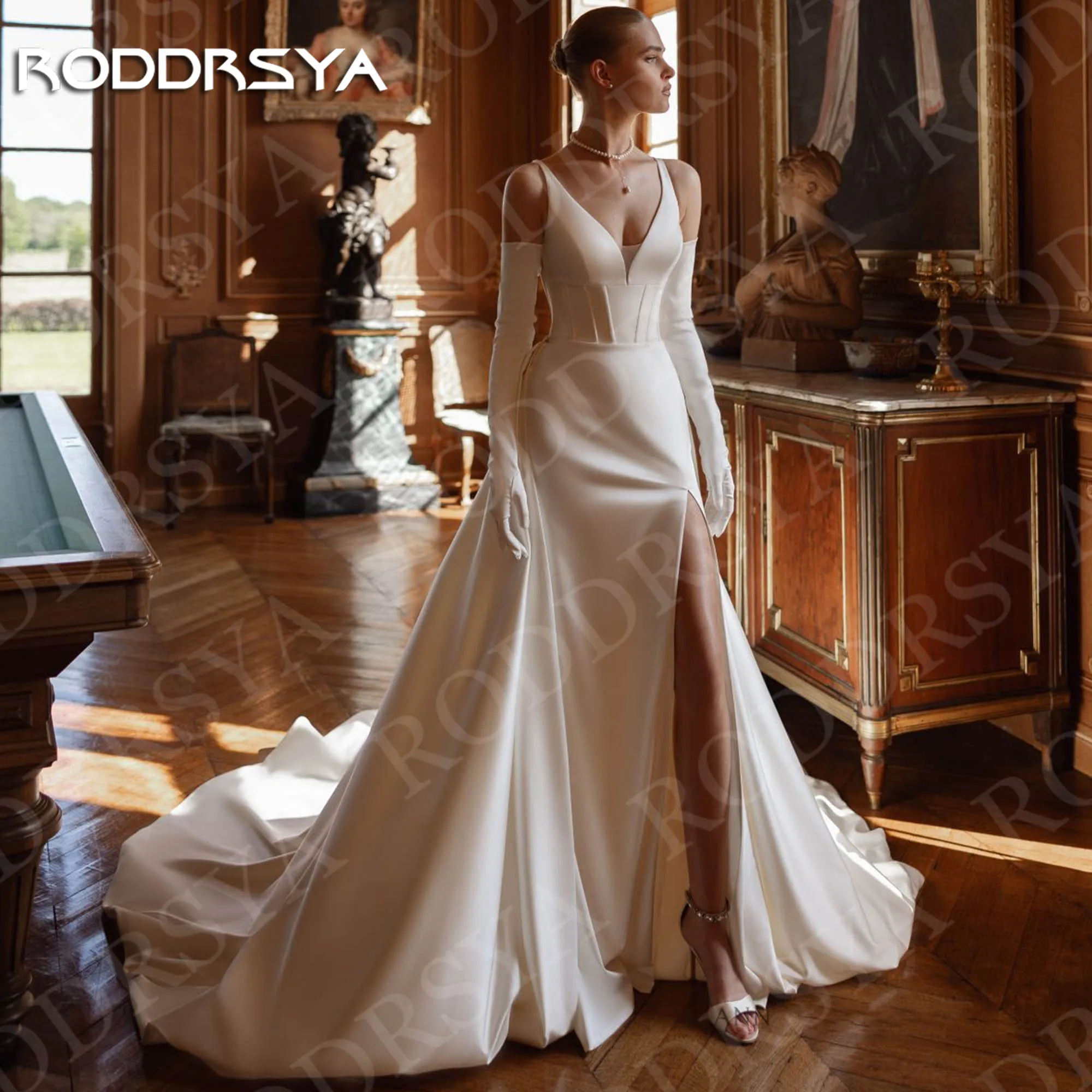 

RODDRSYA Satin Mermaid Wedding Dress with Detachable Train Spaghetti Strap V Neck Bridal Dresses Customized свадебное платье